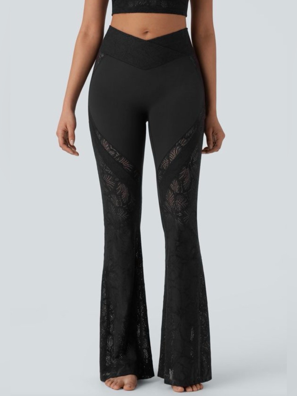 HALARA High Waisted Cross Front Black Lace-Inset Flare Yoga Pants D5
